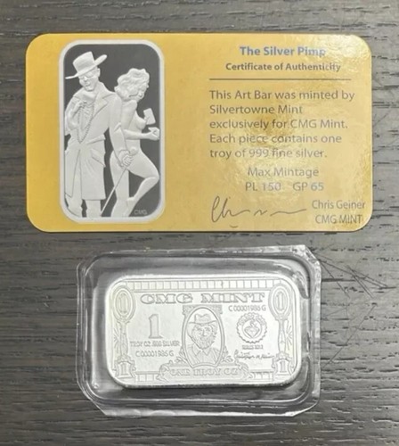CMG Mint THE SILVER PIMP 1 Oz .999 Silver Art Bar With COA Proof Like Art Bar - Picture 2 of 2