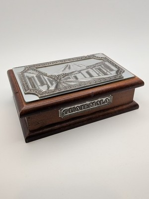 Vtg Walnut Wood Trinket Box Inlaid Metal Embossed Antigua Guatemala Scene 5.75''