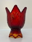 FENTON Art Glass Ruby Red Amberina Embossed Leaf 2 Way Votive Candle Holder
