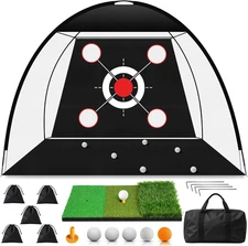 Golf Net 10X7Ft with Tri-Turf Mat, Ball, Target & Bag, All-In-One Golf Practice 