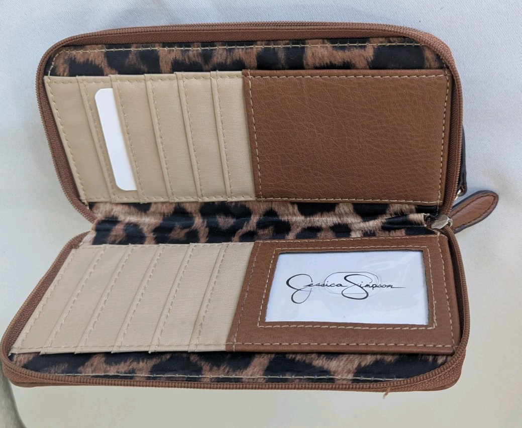 Lot of 2 Jessica Simpson Wallets EUC Brown Silver-tone Studs Beige Gold Leopard