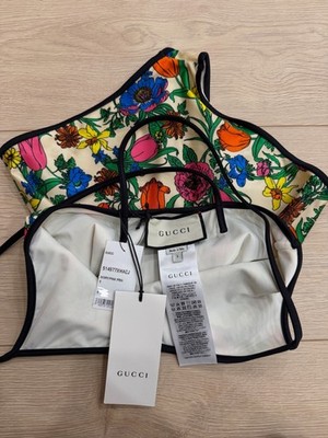 Gucci Floral Print Logo Green Criss Cross One Piece Swimsuit