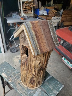HandCrafted Cedar Birdhouse - w/ Rusty Metal Roof + Clean Out