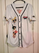Cartoon Network Powerpuff Girls Ladies XL White Short Sleeve Button Up Jersey.