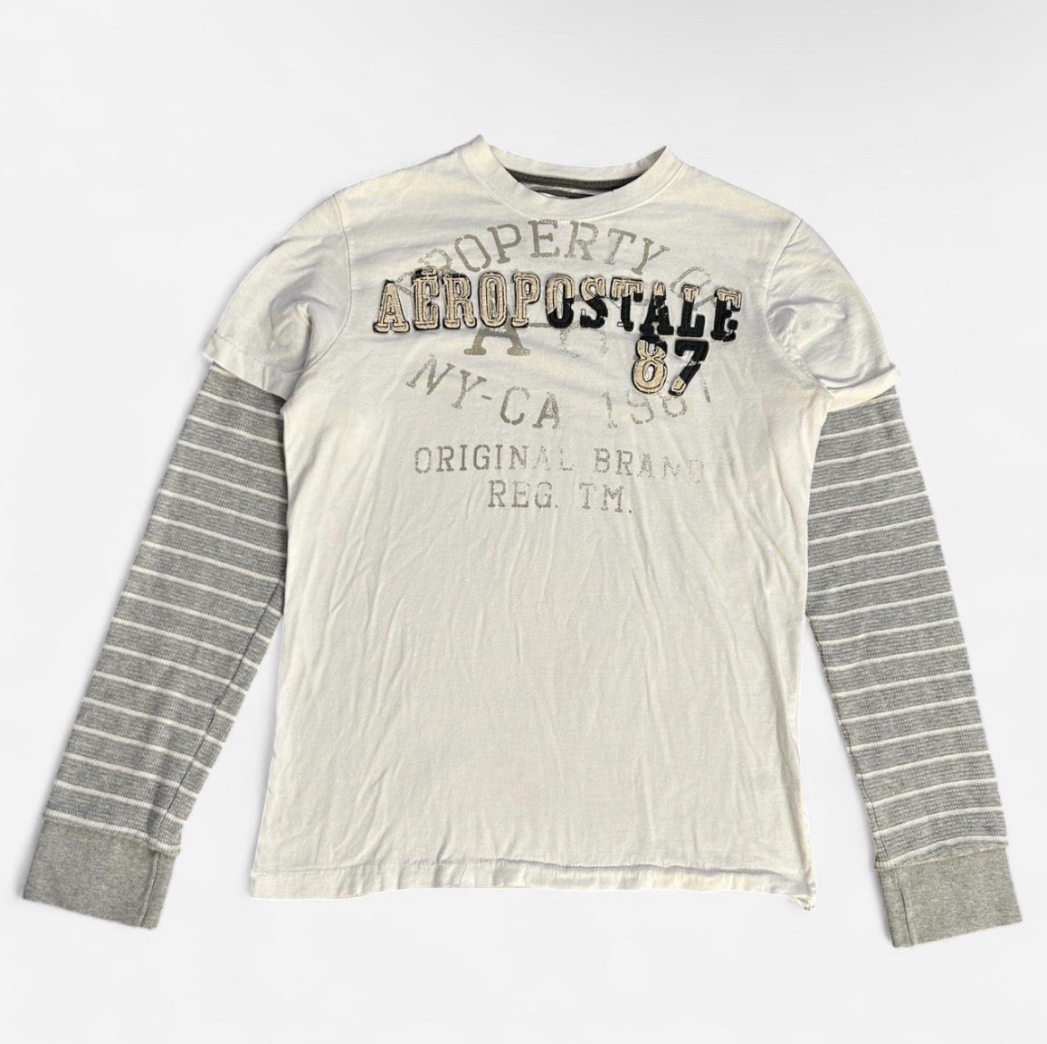 Vintage Mens White Aeropostale Embroidered Graphic Striped Long Sleeve Sz Small