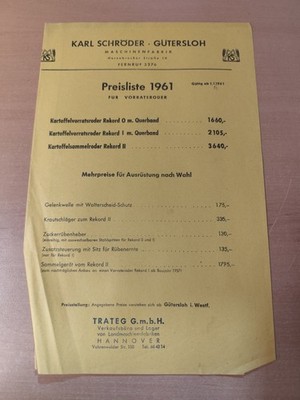 Schröder Gütersloh Price List 1961 Brochure Agriculture Tractor M7