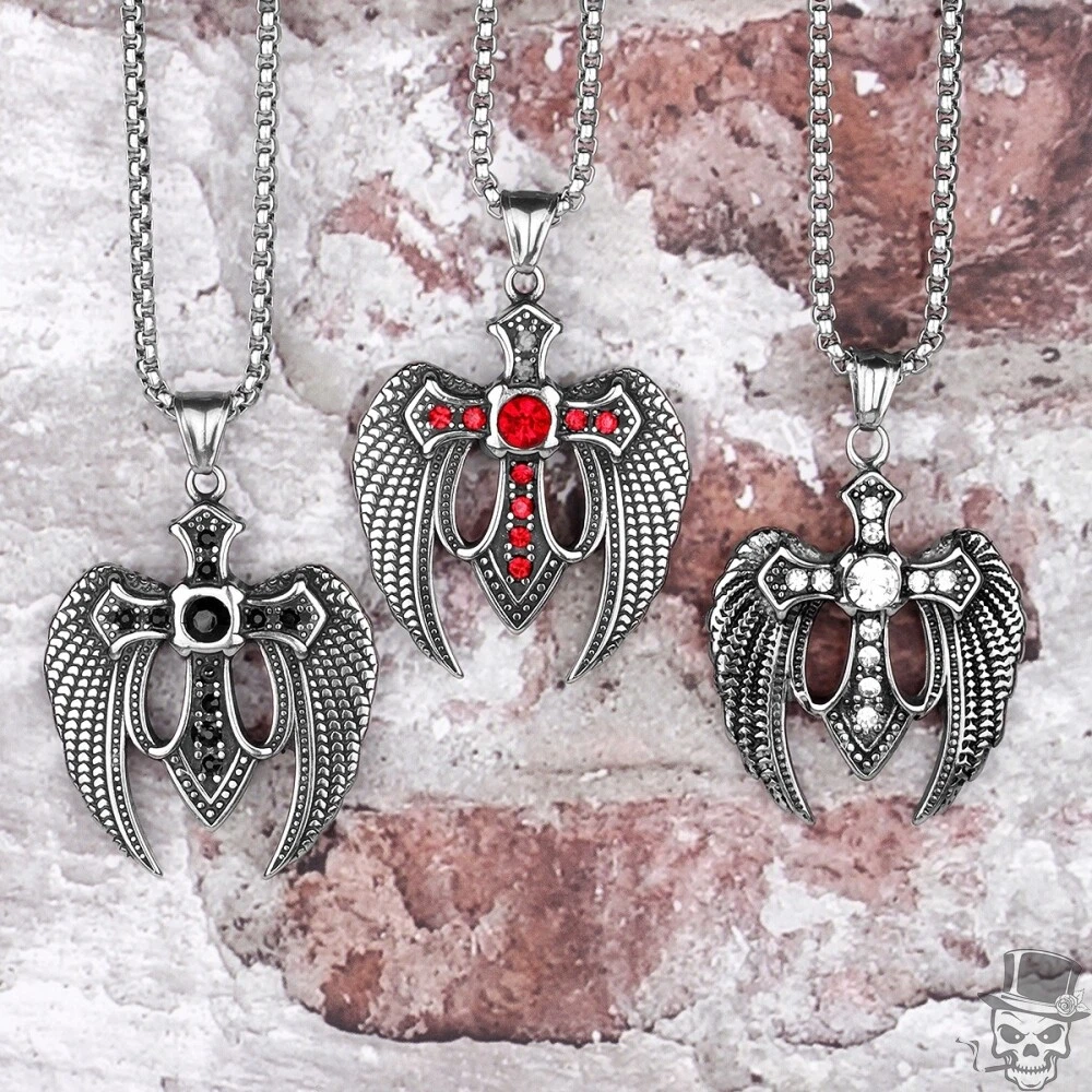 Cross with Angel Wings Memorial Long Necklaces Pendants Chain Punk in Steel