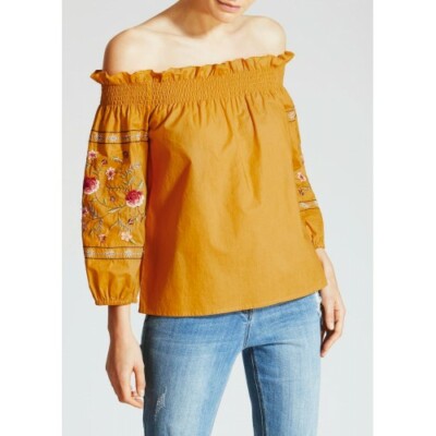 PAPAYA BY MATALAN MUSTARD OFF SHOULDERS EMBROIDERED BLOUSE SIZE 12    