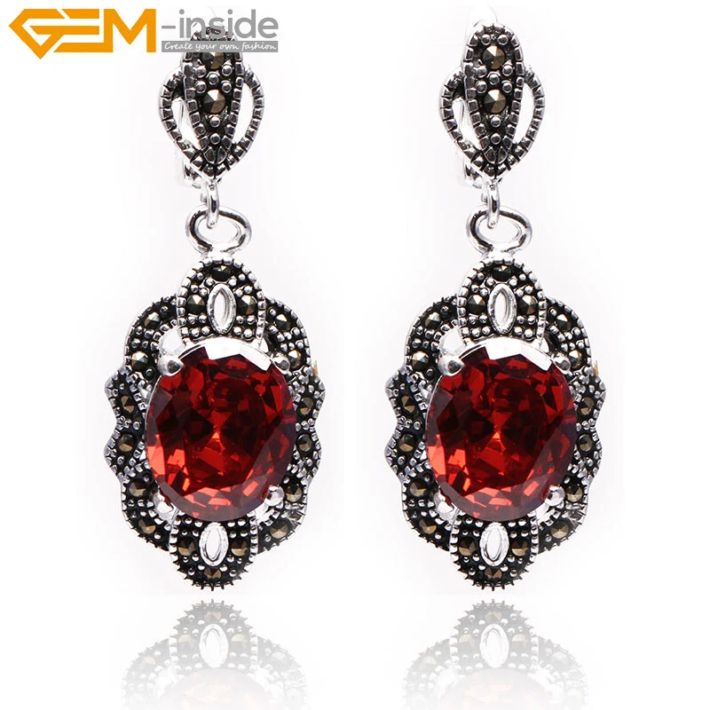 Pendientes colgantes con clip de joyería cuentas ovaladas piedras surtidas de marcasita de plata Foto 4 de 4