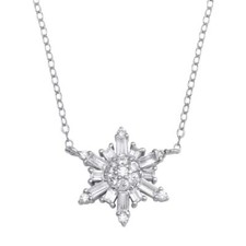 Sterling Silver Necklace w/ Round  Baguette Cut CZ Stones Snowflake Pendant