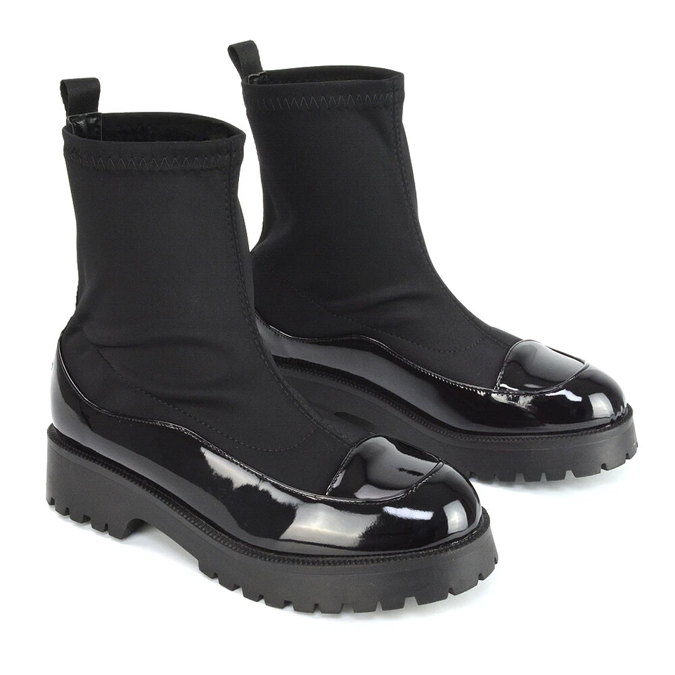 Bota feminina de cano curto de senhoras Flat Casual meia Sola robusto Botinhas Stretch Tamanho 3-8 - Imagem 4 de 4