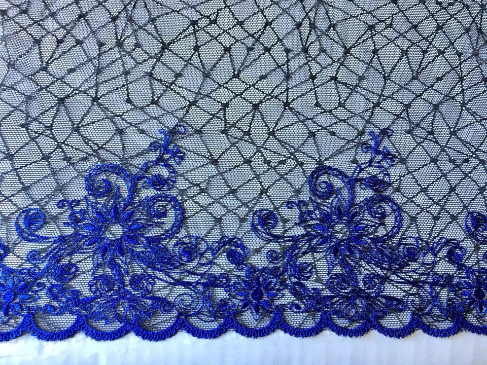 2 Pieces Black & Royal Blue Floral Embroidered Lace Trim /Sewing/Crafts/9" Wide - Image 2 of 4