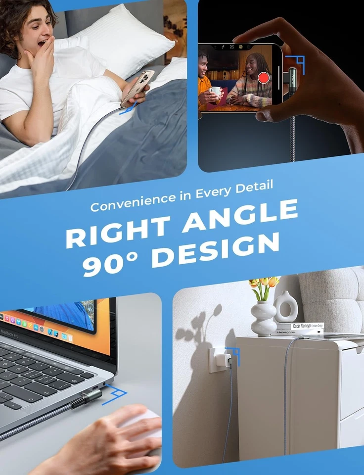 240W USB-C to USB-C Right Angle Cable 10ft Fast Charging for iPhone MacBook - Image 3 of 4