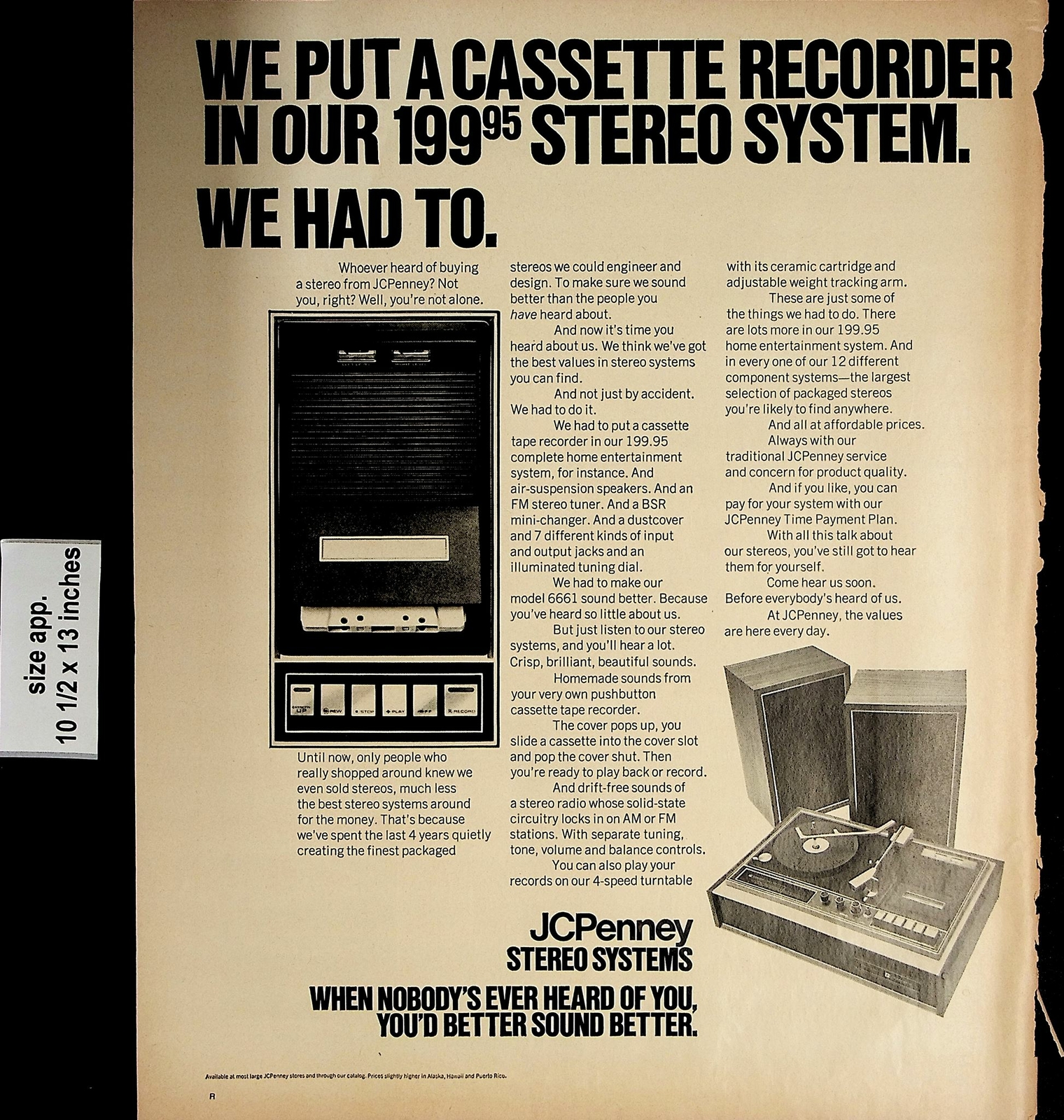 1971 JCPenney Stereo Systems Cassette Recorder System Vintage Print Ad