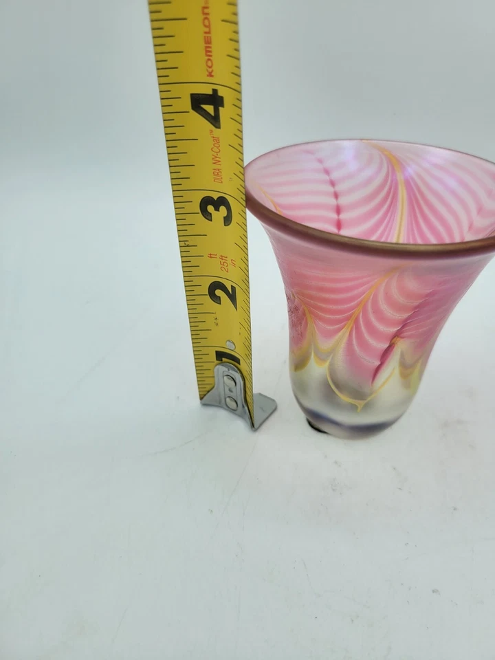 STEVEN CORREIA ART GLASS 3" TALL Pink Gold PULLED FEATHER Coctail Glass - Image 3 of 4