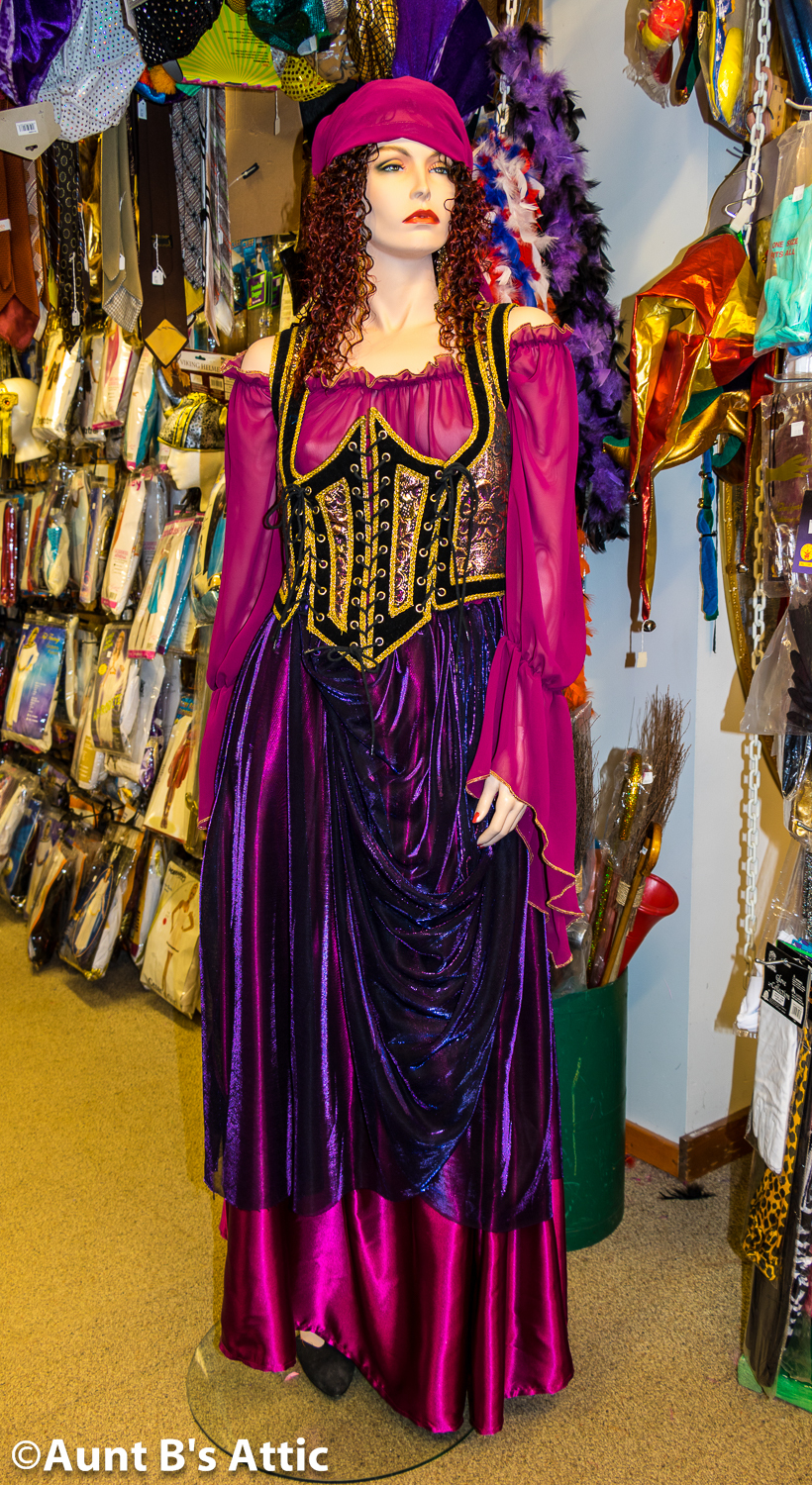 Gypsy/Wench Costume 4 Piece Deluxe Purple Dress Vest Headpiece & Purse