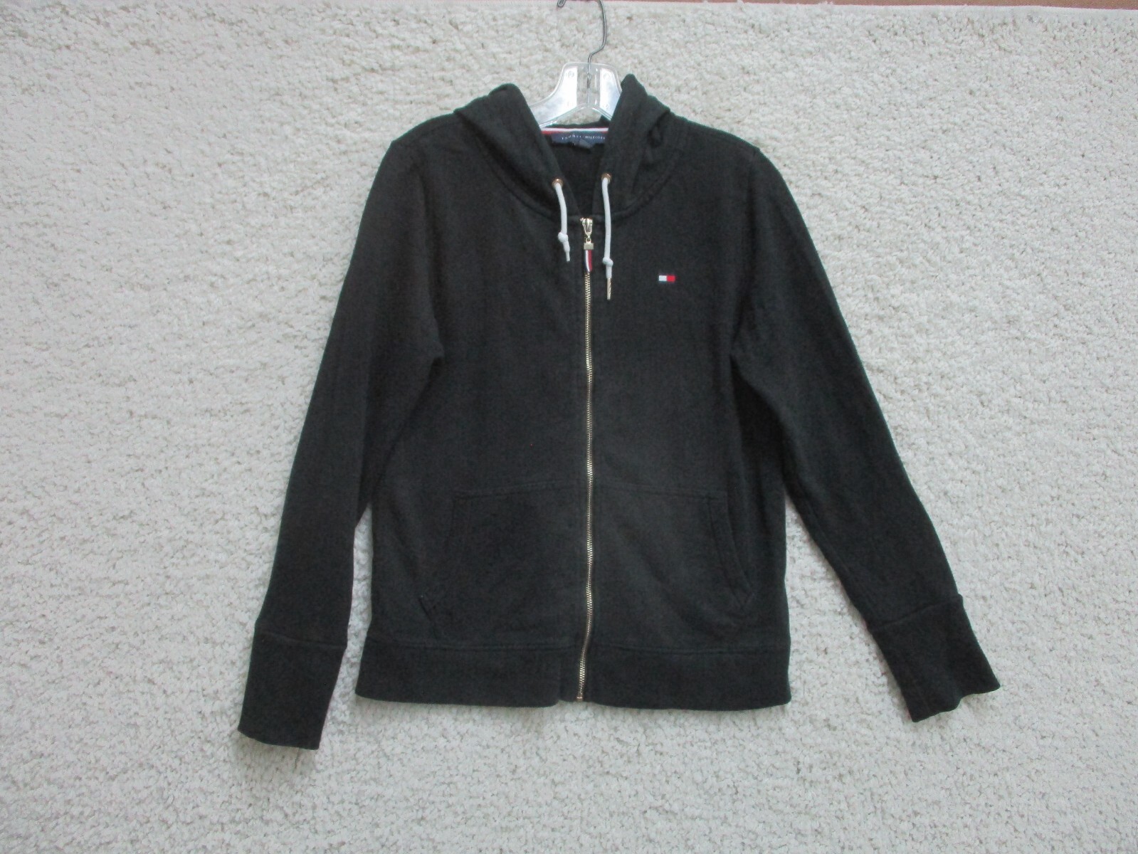 Tommy Hilfiger Black Full Zip Hoodie with Logo Flag for Women - Small