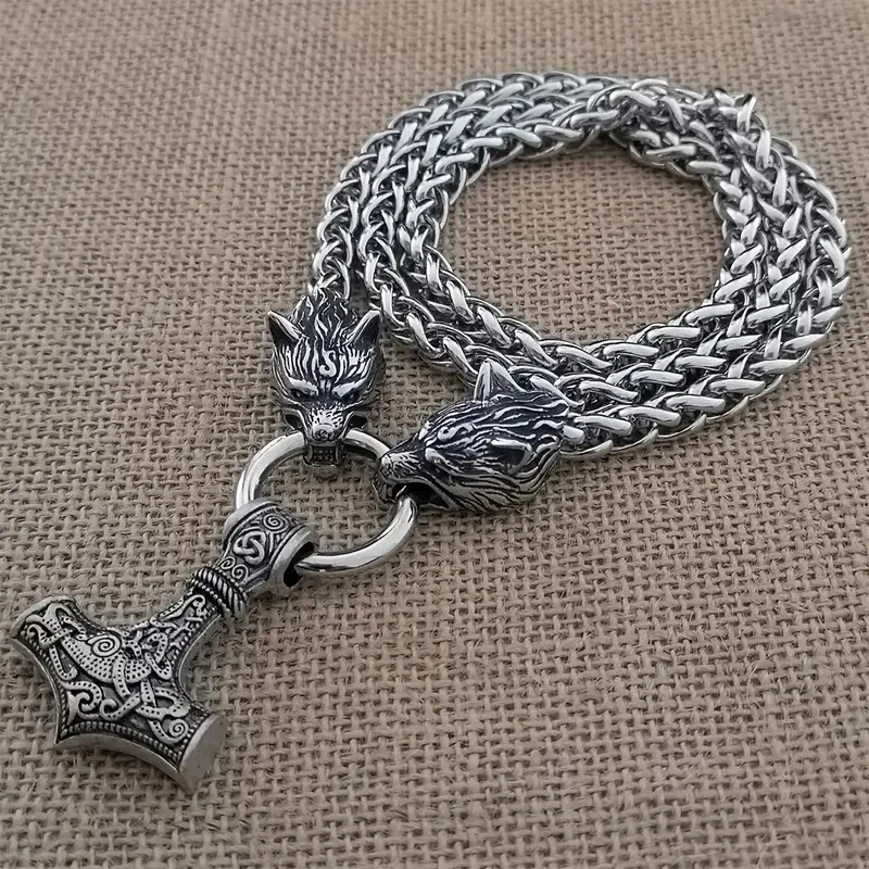 Men Norse Viking Thor hammer Mjolni Pendant Stainless Steel Wolf Chain Necklace - Image 2 of 4