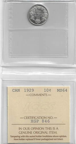 Canada 1929 10 Cent Silver Coin, ICCS Certified MS64
