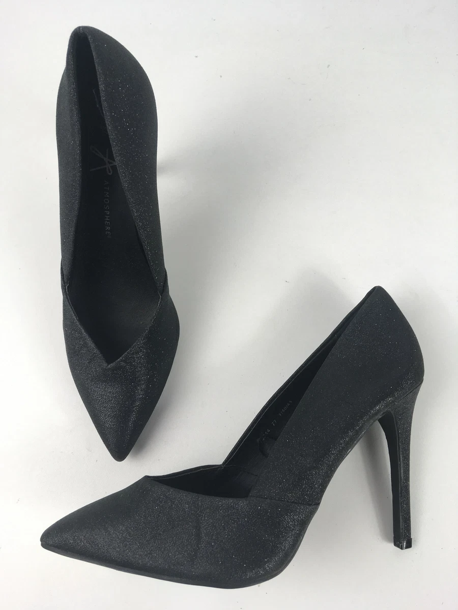 WOMENS ATMOSPHERE UK 7 BLACK GLITTER SPARKLE SLIP ON HIGH HEEL