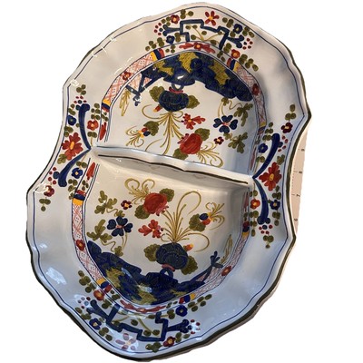 C Faenza Garofano Blue Carnation Oval Divided Serving Bowl 13 x 9'' Italy Signed