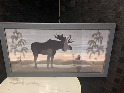 K Jennings Signed Framed Print ''Moose at Dusk'' Gorgeous Blue Frame glass