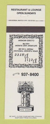 Matchbook Cover - Petit Paree Andy's Restaurant Festus MO