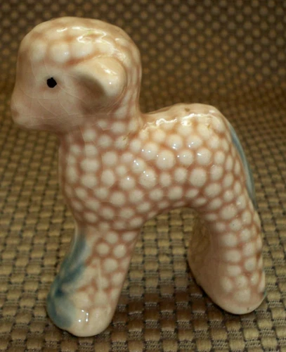 Art Deco Miniature Lamb Figurine McCoy Shawnee Pottery USA 3"  Pink & Blue
