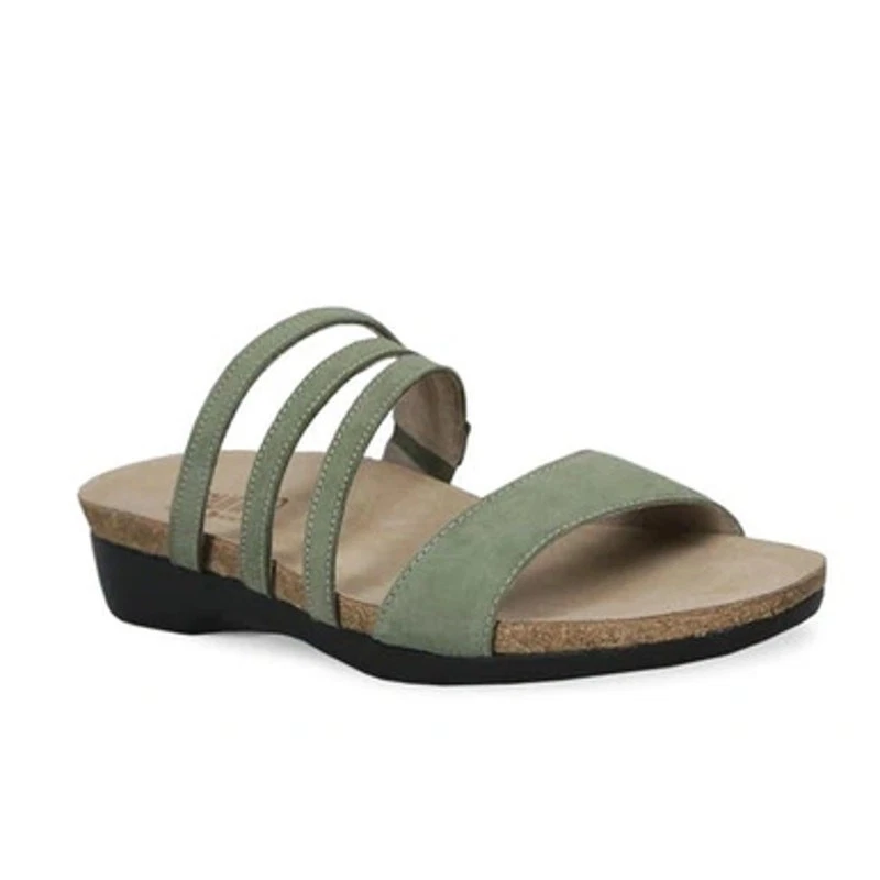 Munro Camila Slide Sandal SZ 9.5 Green Nubuck Leather Cork Wedge Slip On Strappy - Image 2 of 4