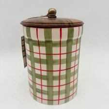 Christmas Plaid Kitchen Canister with Wooden Lid Decorative Ceramic Container