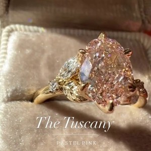 Authentic Floral 3 CT Pink Oval Cut Moissanite,Marquise Side Stone 14K Yellow Gold Plated
