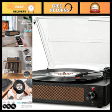 Vintage Vinyl Record Player with Speakers, Wood Black Turntable, Retro Music Pla