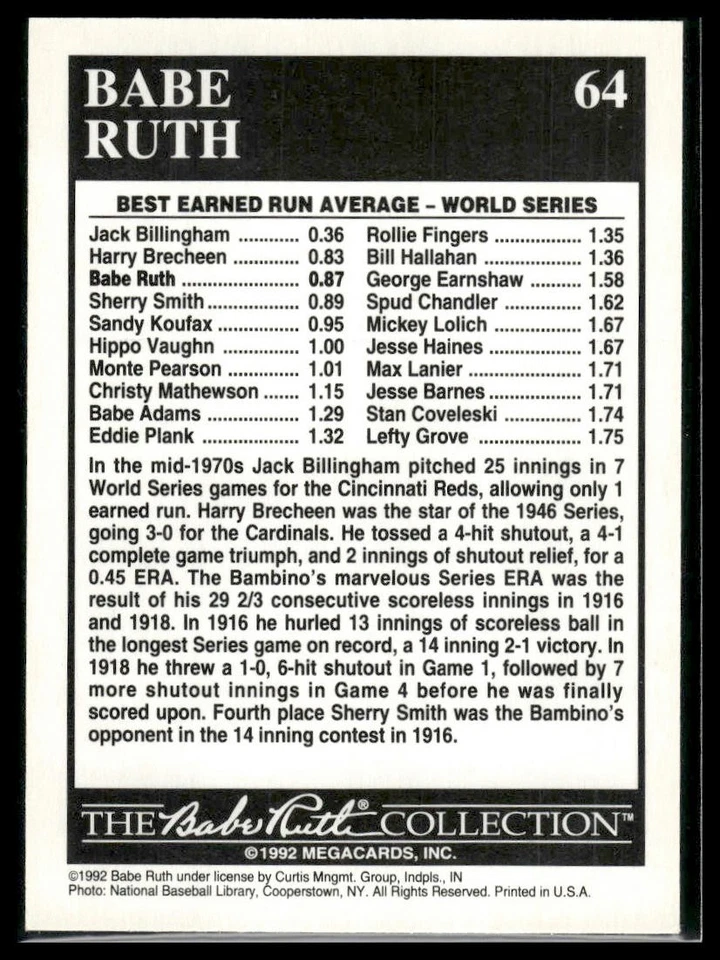 1992 Megacards Babe Ruth #64 World Series - 0.87 - Image 2 of 2