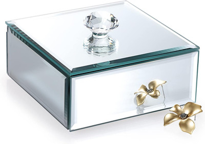 Silver Glass Mirrored Jewelry Box with Crystal Handle Square Trinket Organizer T