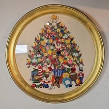 Vintage Crewel Christmas Tree Fantasy Sunset Designs 2070 Completed Round Frame