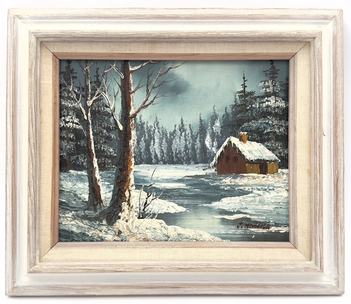 VINTAGE J. MEDINA ARTIST OIL PAINTING WINTER SCENERY, RIVER AND