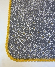 New Fleece Baby Girl Blanket w/ Crochet Trim-White Daisies On Gray, Yellow Trim