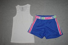 Girls Outfit WHITE RIBBED TANK TOP Blue Athletic Shorts BE HAPPY Pink M 7-8