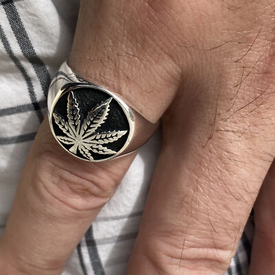 Men's Solid 925 Sterling Silver Ring - Horseshoe Design With Marijuana Leaf & CZ Stones - View #13