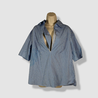 Akris Punto Women's Blue Striped Short Sleeve Collared V-Neck Blouse Top Size 14