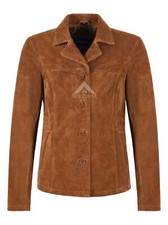 Woman’s Real Tan Suede Leather Classic Blazer Style Box Buttons Jacket Jennifer