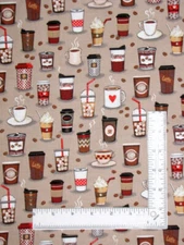 Coffee Cup Bean Fabric By The Yard Cups Drinks Tan Cotton Fabric Traditions