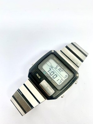 SEIKO ALARM CHRONO PULSE METER Vintage Silver Black Mens Watch  