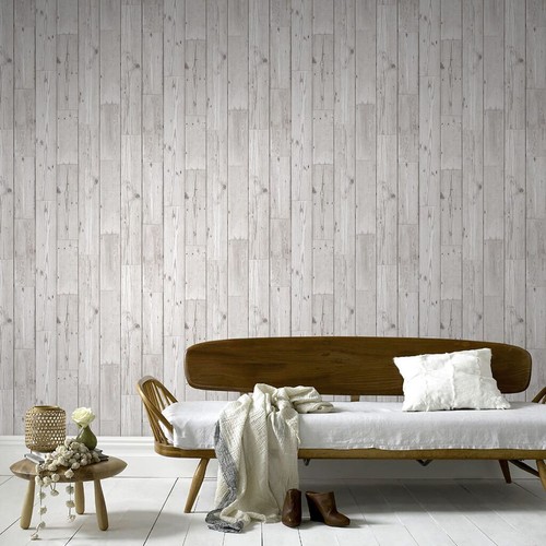 Fresco Grey/White Wood Panel Plank Effect Paste the Paper Wallpaper