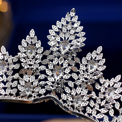 Corona tiara de boda reina hoja circonita cúbica de lujo para mujer - Imagen 5 de 5