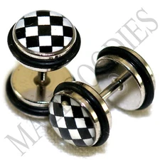 0159 Fake Cheaters Faux Illusion Ear Plugs 16G Black & White Checkered 0G 8mm 