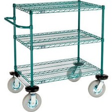 Nexel 3 Shelf Push Cart Poly-Green36""W x 24""D x 43""H Pneumatic Casters2