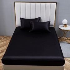Boqingzhu Satin Fitted Sheet 140 x 200 cm Black Plain Silk Fitted Sheet...