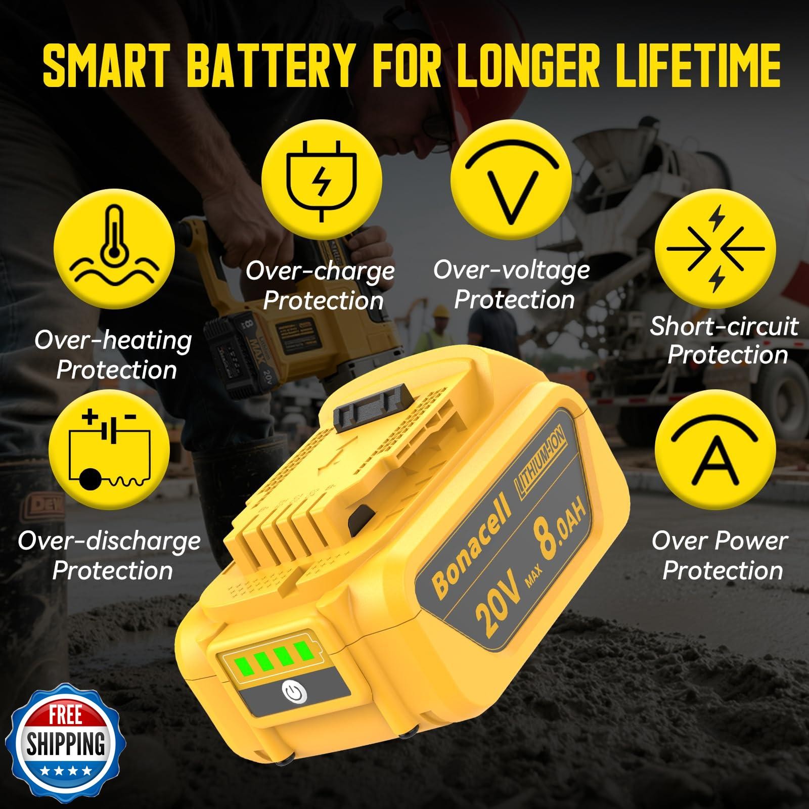 Bonacell 4Packs 20V 8000mAh Replacement for Dewalt 20V Max Battery, Compatibl