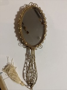 Beautiful Vintage Feligree European Style Hand Mirror Gold Wire with Pearl Beads
